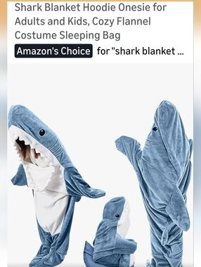 Shark Hoodie Onesie Blanket Costume - Blue Shark Plush Sz S.